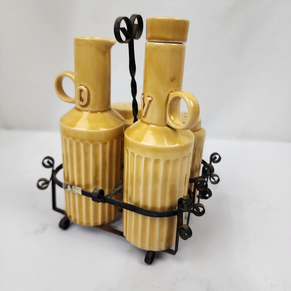 Ceramic Mustard Yellow Oil & Vinegar Cruets Salt Pepper Shakers - Wrought Iron